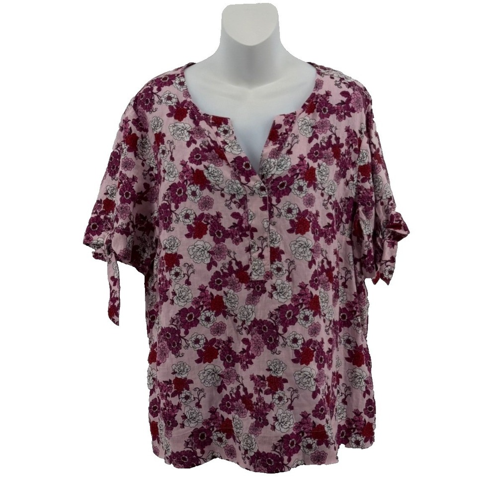 Charter Club Linen Floral Blouse Womens XL Pink Short Sleeve Tie Sleeve Top